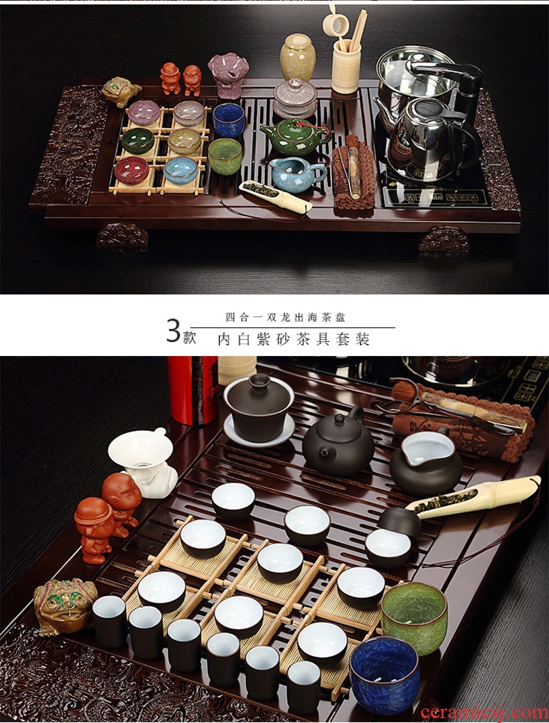 Recreational product four unity ice to crack a complete set of ceramic tea set solid wood tea tray electromagnetism kung fu tea set