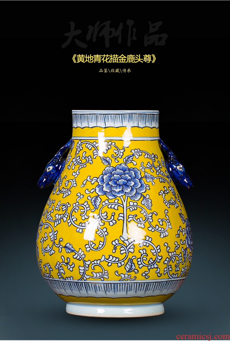 Jingdezhen ceramic vase hand-painted antique yellow blue and white porcelain paint deer head statue of painting and calligraphy study adornment furnishing articles