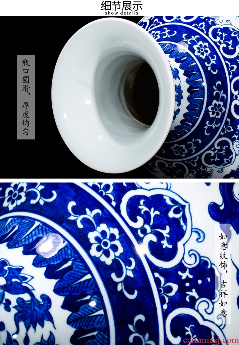 Chinese style antique hand-painted blue and white porcelain jingdezhen ceramic vase branch lotus home sitting room porch rich ancient frame furnishing articles
