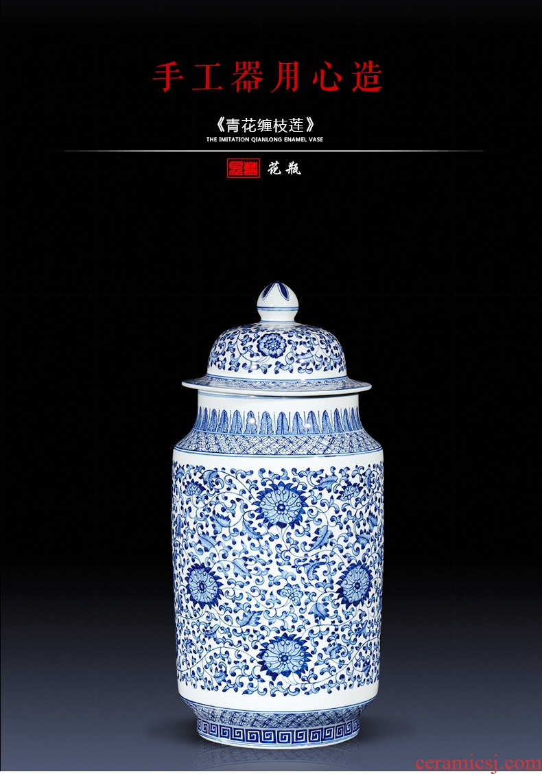 Handmade antique blue and white porcelain of jingdezhen ceramics general tank storage tank furnishing articles of Chinese style living room decoration decoration