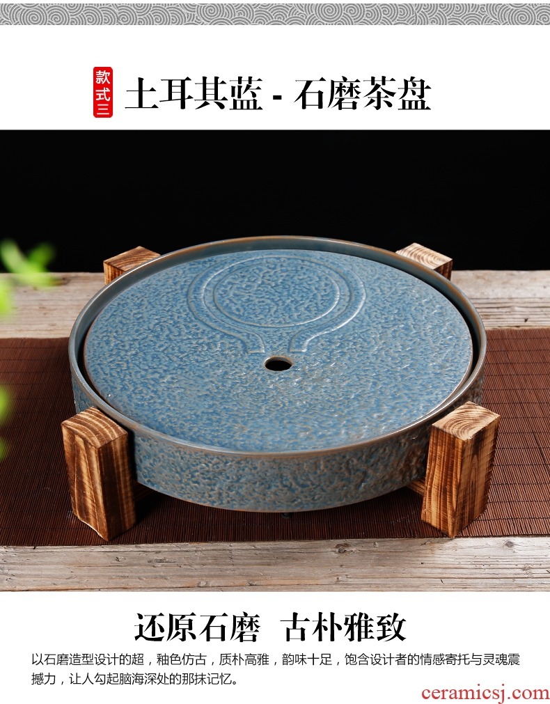 Bin DE stone mill ceramic round antique solid wood tea tray, dry tea set a large pot of 12 water drainage water