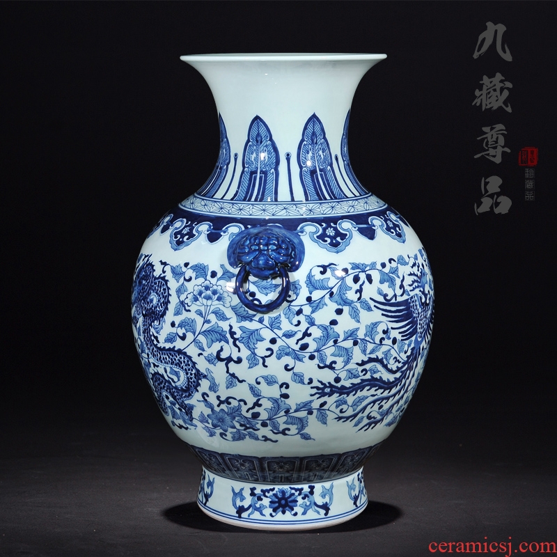 Jingdezhen ceramics antique hand-painted double lion big ears in extremely good fortune of blue and white porcelain vase sitting room home furnishing articles