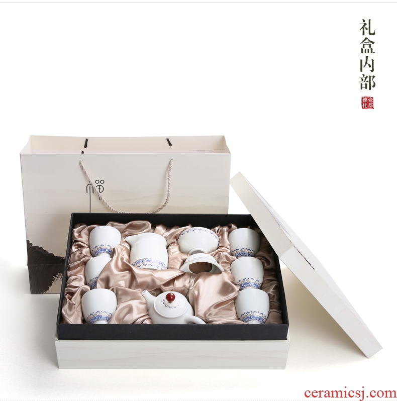 Porcelain god gift boxes of a complete set of matte ethnic wind household ceramics kung fu tea set suit white porcelain teapot teacup contracted