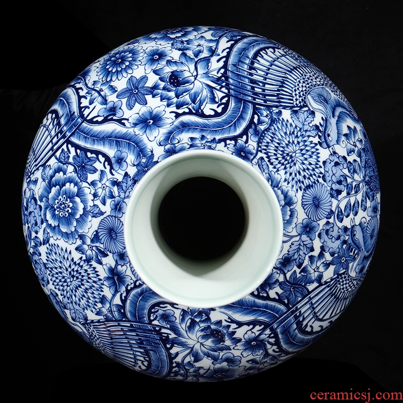 Jingdezhen ceramics by hand double phoenix of blue and white porcelain vase flower arranging antique Chinese style living room porch rich ancient frame furnishing articles