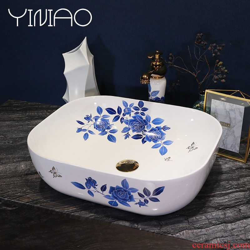 Simple fashion stage basin ceramic lavabo blue roses lavatory oval face basin bathroom art basin