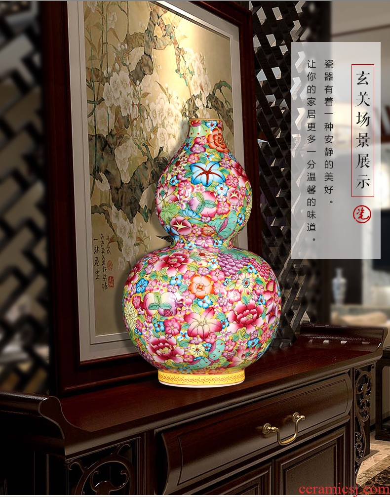 Jingdezhen ceramics hand-painted pastel gourd vases, antique Chinese style living room porch rich ancient frame decorations furnishing articles