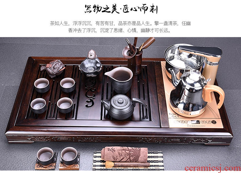 HaoFeng violet arenaceous kung fu tea set suit household ebony wood tea tray tea tea ceramic teapot teacup