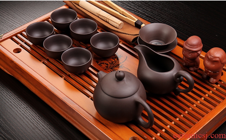 Bin, kung fu tea set contracted solid wood tea tray of a complete set of ceramic purple sea ice to crack the teapot tea cups