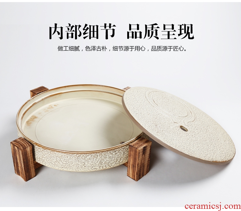 Bin DE stone mill ceramic round antique solid wood tea tray, dry tea set a large pot of 12 water drainage water