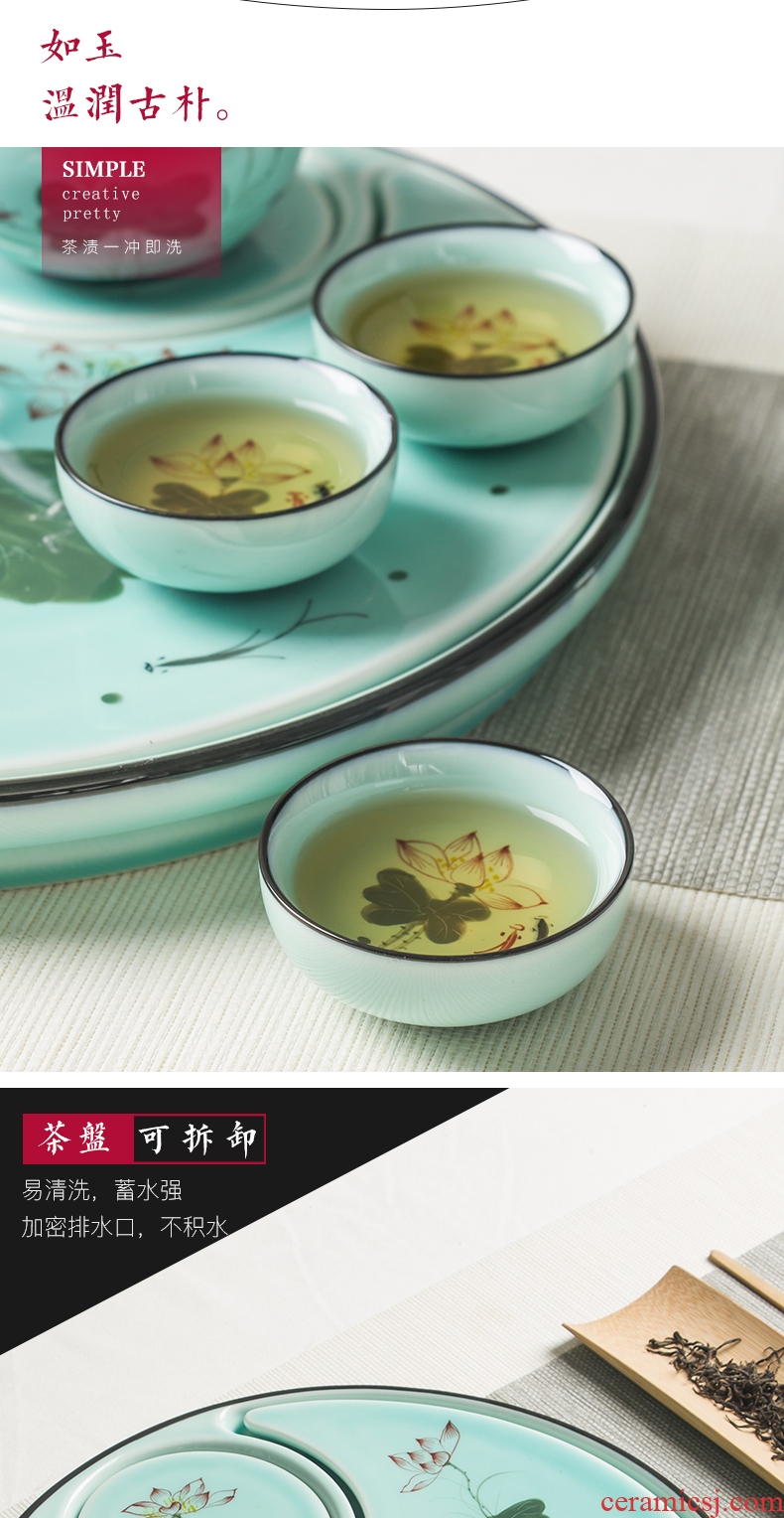 Kung fu tea set home office tea kettle celadon porcelain lotus jingdezhen hand-painted tea tea table