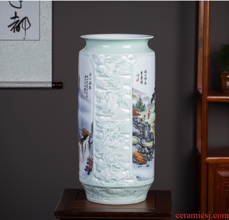 Antique landscape of jingdezhen ceramics vases, flower arrangement of Chinese style home sitting room adornment is placed the calligraphy and painting receive a barrel