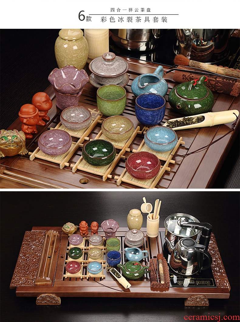 Recreational product four unity ice to crack a complete set of ceramic tea set solid wood tea tray electromagnetism kung fu tea set