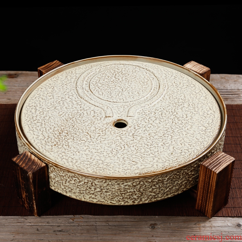 Bin DE stone mill ceramic round antique solid wood tea tray, dry tea set a large pot of 12 water drainage water