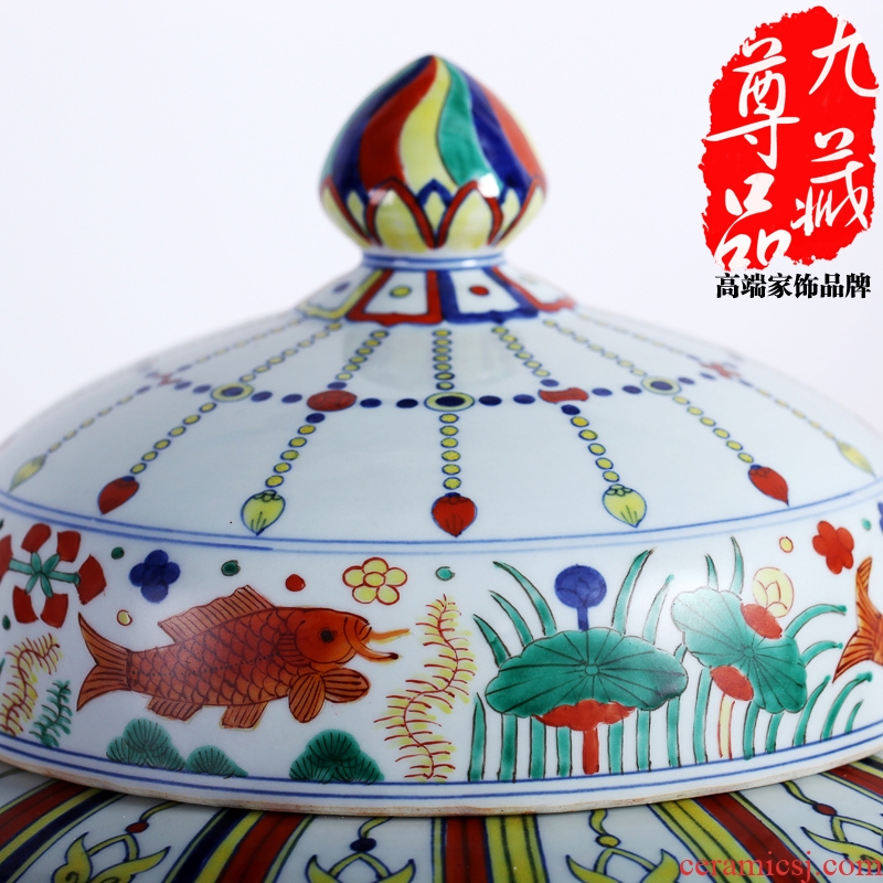 Jingdezhen ceramics imitation Ming jiajing colorful fish and algae grain tank vase vogue to live in the sitting room of archaize furnishing articles