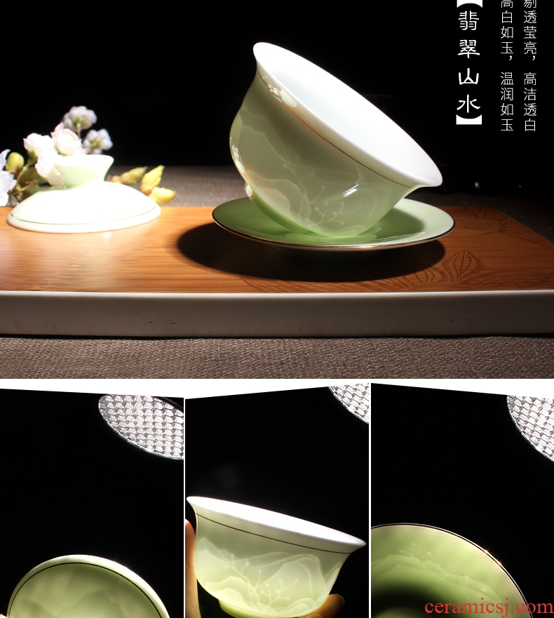 Jade art ceramic graven images tureen celadon anaglyph bowl three large white porcelain kung fu tea tea bowl to bowl