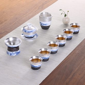 999 sterling silver of a complete set of kung fu tea set manually tasted silver gilding household ceramic tea set blue and white porcelain teapot teacup gift boxes