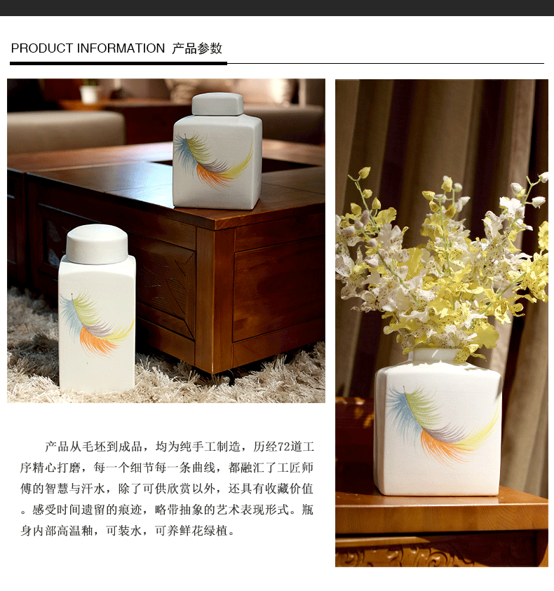 Jingdezhen hand-painted ceramic vase with cover POTS to furnishing articles minimalist square sitting room adornment bedroom storage tank