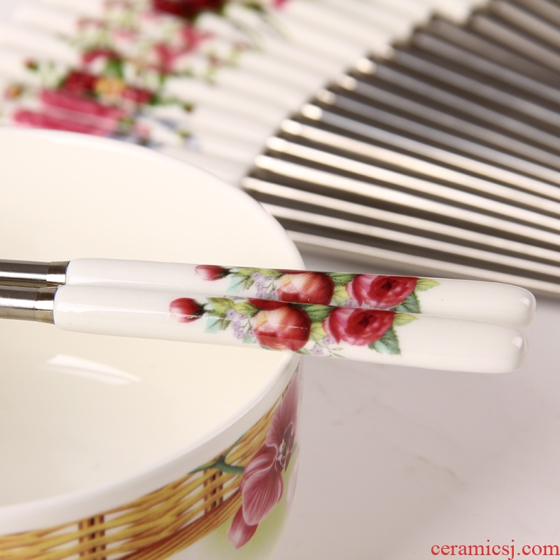 Jingdezhen ceramic handle stainless steel chopsticks insulation mouldproof environmental health chopsticks portable hot resistant to fall flowers