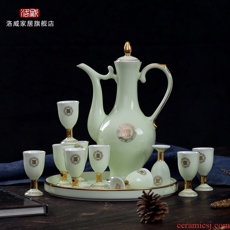 Jingdezhen wine suits ceramic celadon home court of a complete set of antique Chinese jade porcelain paint jar of wine cup