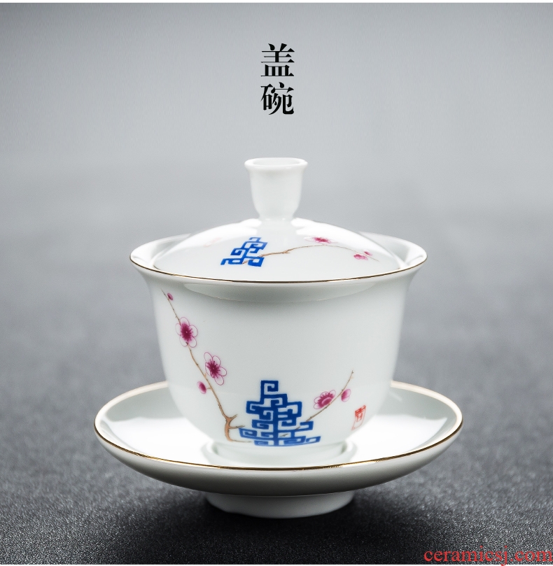 Qin Yi white porcelain kung fu tea set hand-painted ceramic tea tureen tea cup home a complete set of tea set gift boxes