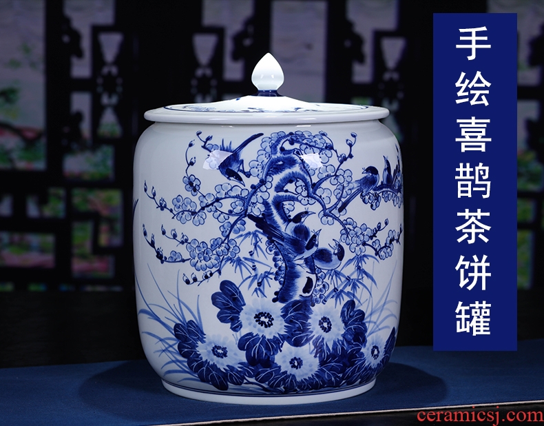 Jingdezhen ceramic hand-painted magpie tea pot large puer tea cake tea cake cylinder seal box