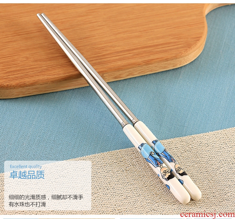 Household ceramic handle parent-child creative family no cute suit portable stainless steel chopsticks tableware