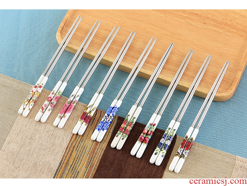 Jingdezhen ceramic handle stainless steel chopsticks insulation mouldproof environmental health chopsticks portable hot resistant to fall flowers