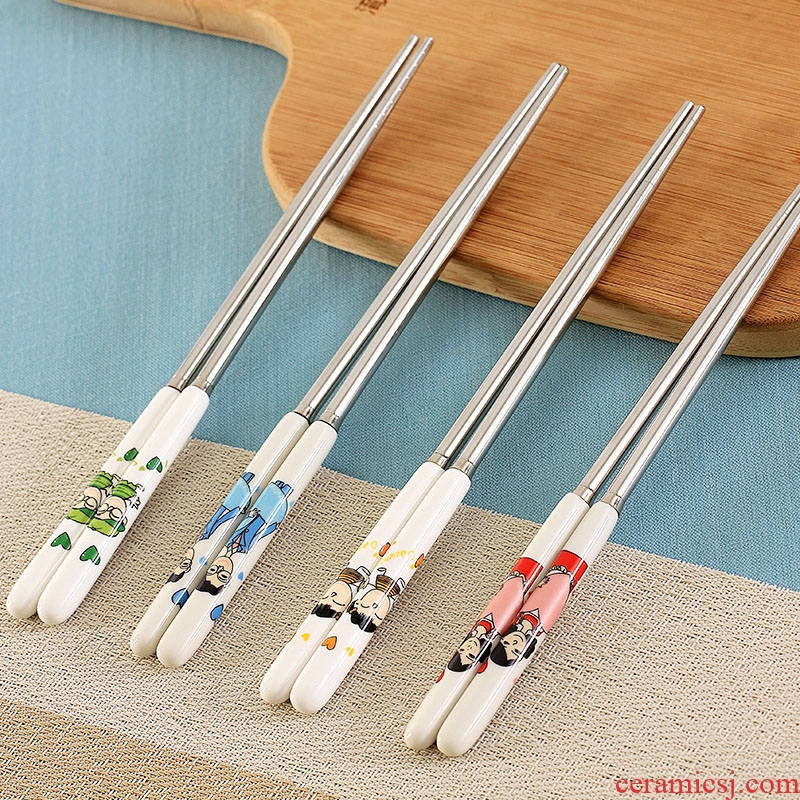 Household ceramic handle parent-child creative family no cute suit portable stainless steel chopsticks tableware