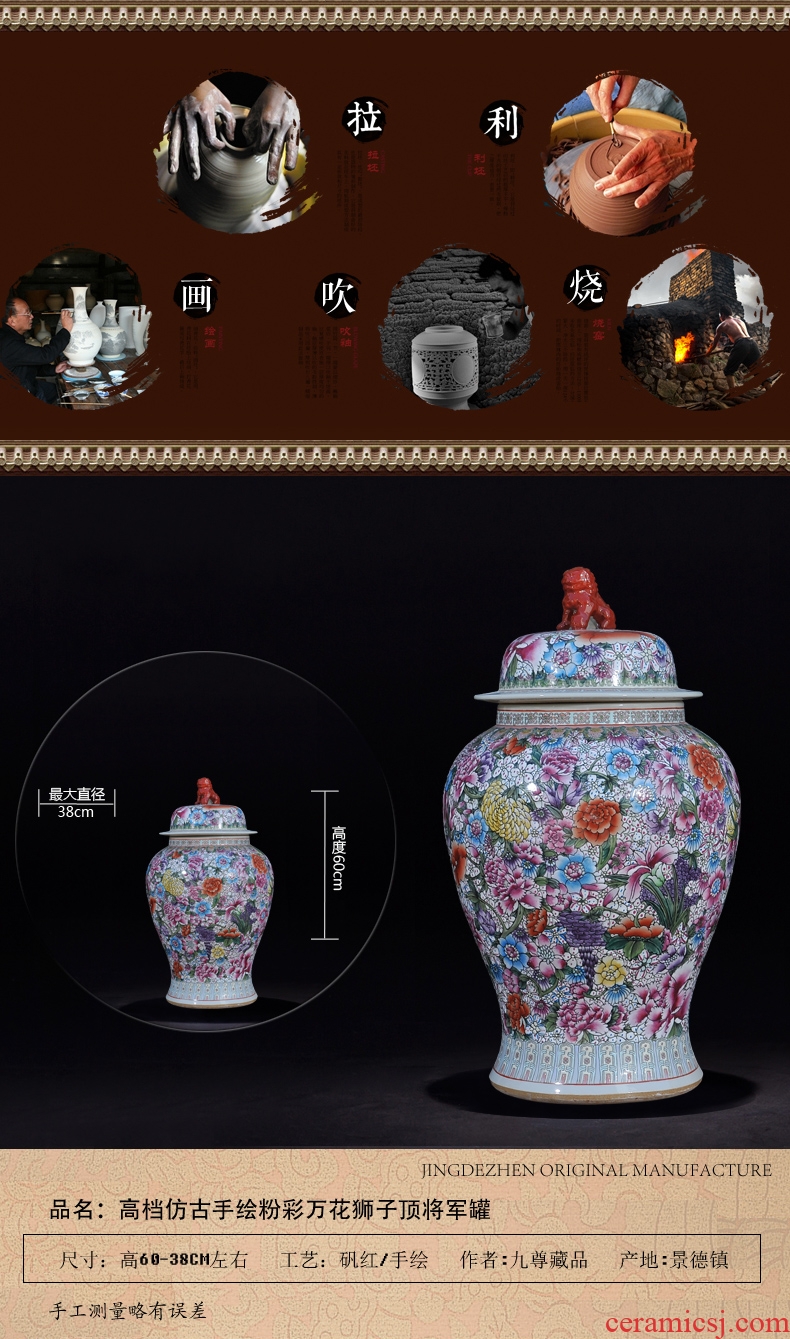 Jingdezhen ceramics modern antique hand-painted famille rose flower is a lion the general pot of marriage room handicraft furnishing articles