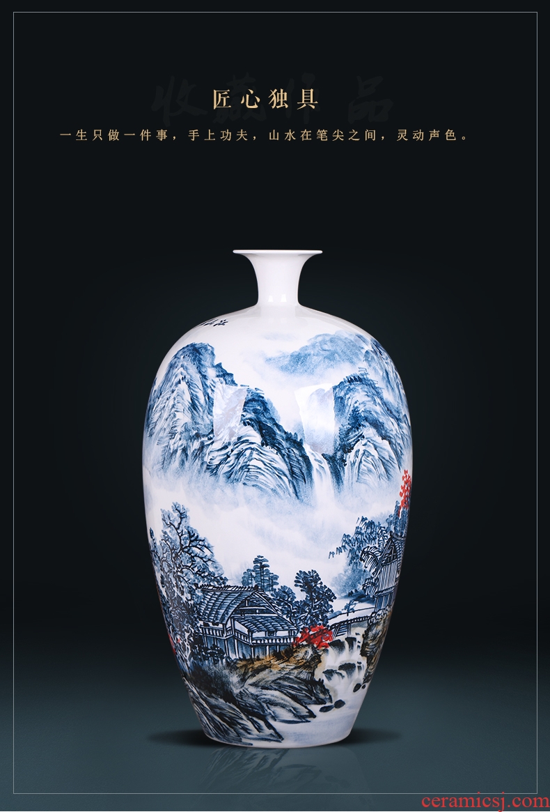 Jingdezhen ceramics landscape painting creative hand-painted blue and white porcelain vases, new Chinese style porch office furnishing articles