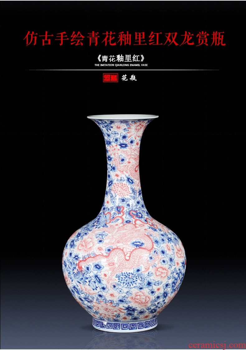 Jingdezhen ceramics imitation qianlong hand-painted Chinese dragon pattern of blue and white porcelain vase flower arrangement sitting room place gift porcelain