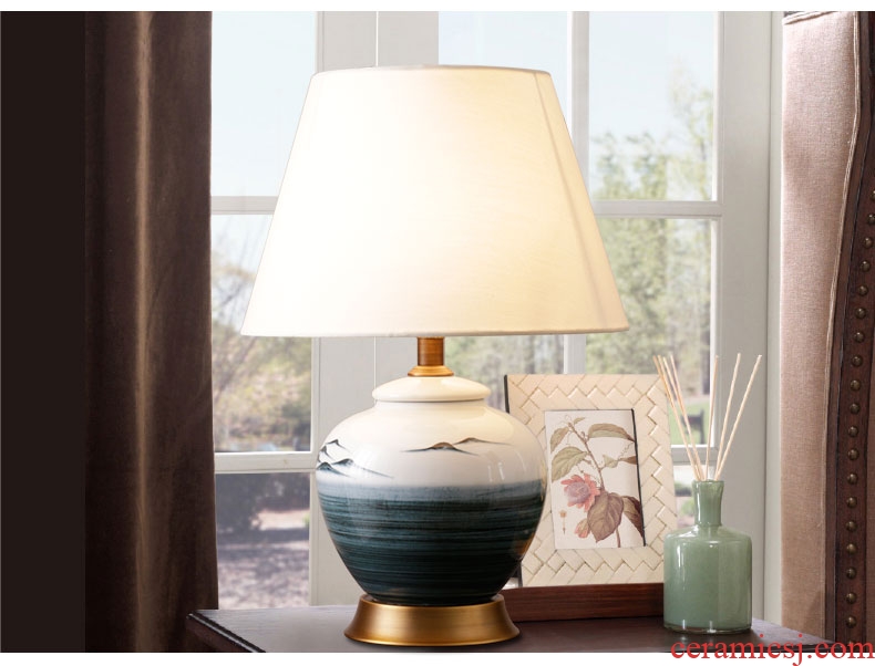 New Chinese style landscape painting of jingdezhen ceramic whole copper lamp warm contracted creative and romantic sitting room bedroom berth lamp