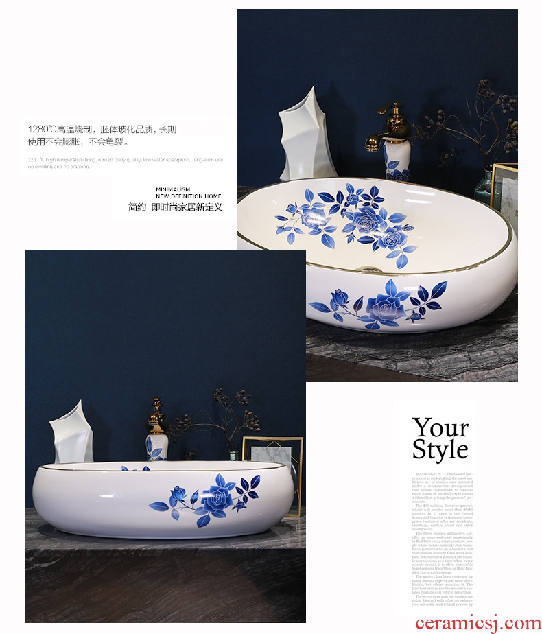 Simple fashion stage basin ceramic lavabo blue roses lavatory oval face basin bathroom art basin