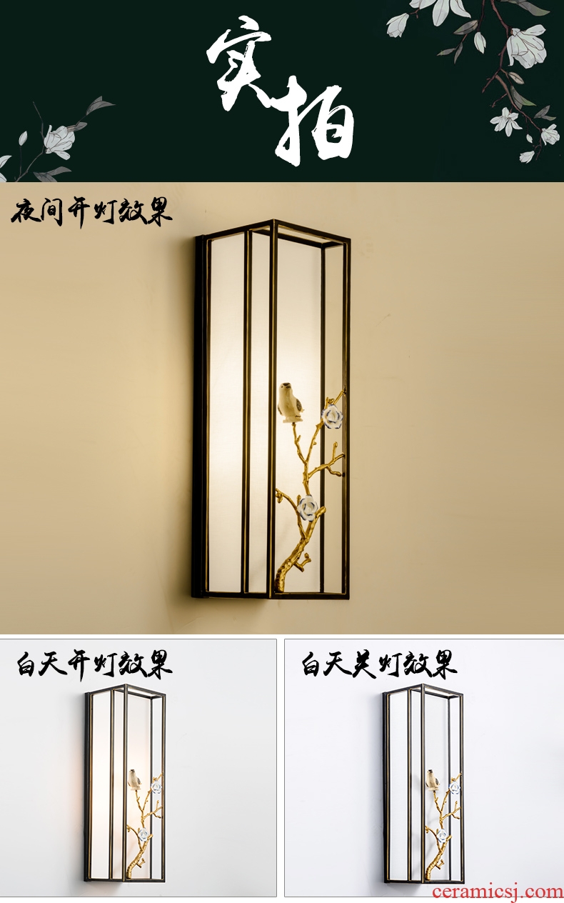 Jiao seven full copper cuttlefish new Chinese style living room wall lamp atmosphere contracted bedroom berth lamp Chinese wind restoring ancient ways ceramic bird