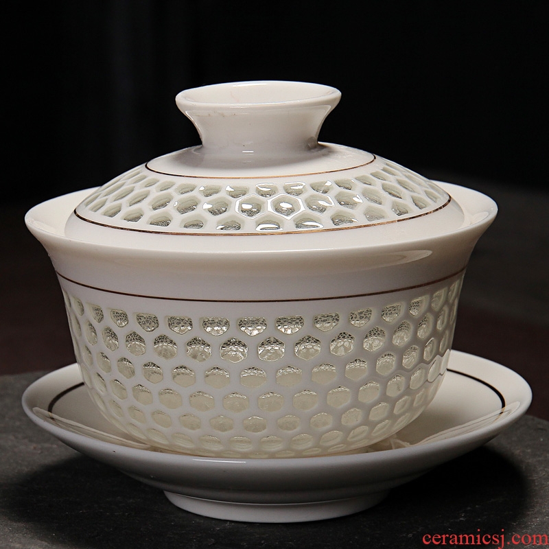 Qin Yi exquisite blue and white porcelain tea set suit honeycomb hollow ceramic kung fu tea ice crystals honeycomb teapot teacup