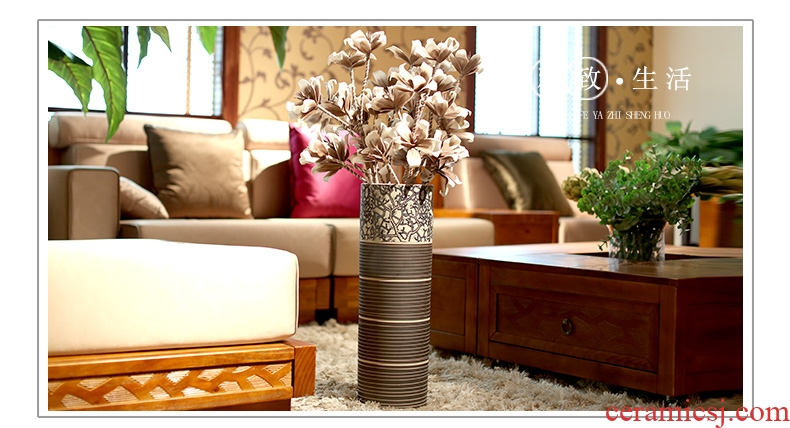 Ceramic floor bamboo vase manual sitting room simulation blue and white vase big furnishing articles retro cylindrical flower vases