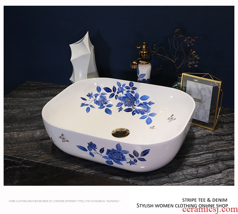 Simple fashion stage basin ceramic lavabo blue roses lavatory oval face basin bathroom art basin