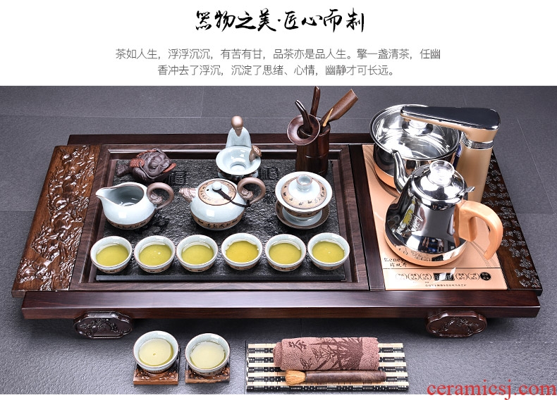 HaoFeng violet arenaceous kung fu tea set suit household ebony wood tea tray tea tea ceramic teapot teacup