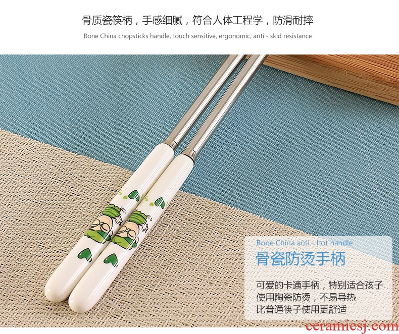 Household ceramic handle parent-child creative family no cute suit portable stainless steel chopsticks tableware