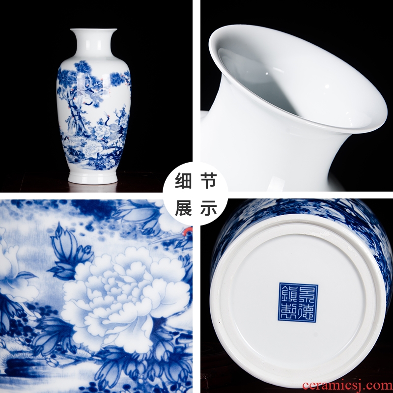 Jingdezhen ceramic famous blue and white porcelain vase furnishing articles pine crane live rich ancient frame the sitting room of Chinese style household ornaments