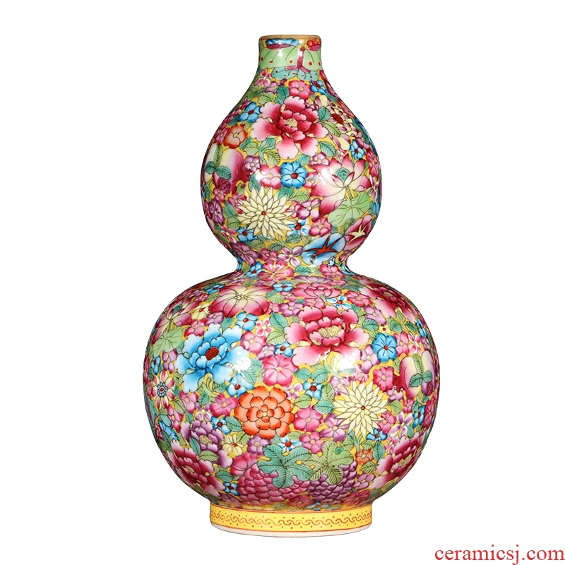 Jingdezhen ceramics hand-painted pastel gourd vases, antique Chinese style living room porch rich ancient frame decorations furnishing articles