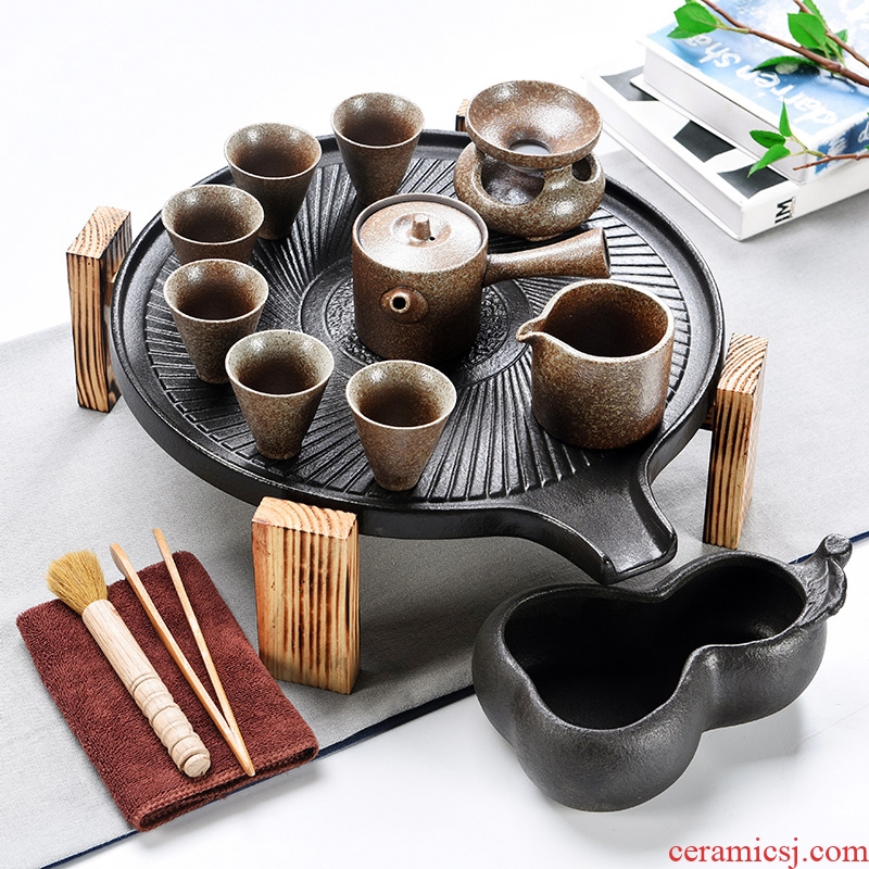 Porcelain god contracted Japanese tea ceremony household utensils suit real wood double stone mill ceramic cups tea tray tea tea