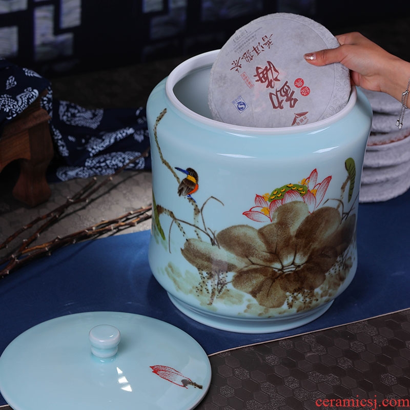 Jingdezhen chinaware lotus tea cake tin general large contracted white tea cake box of tea cake box