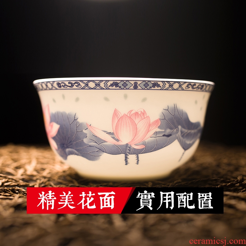 Red ceramic bowls of home dishes suit jingdezhen tableware suit Chinese bone plate of blue and white porcelain lotus overflow