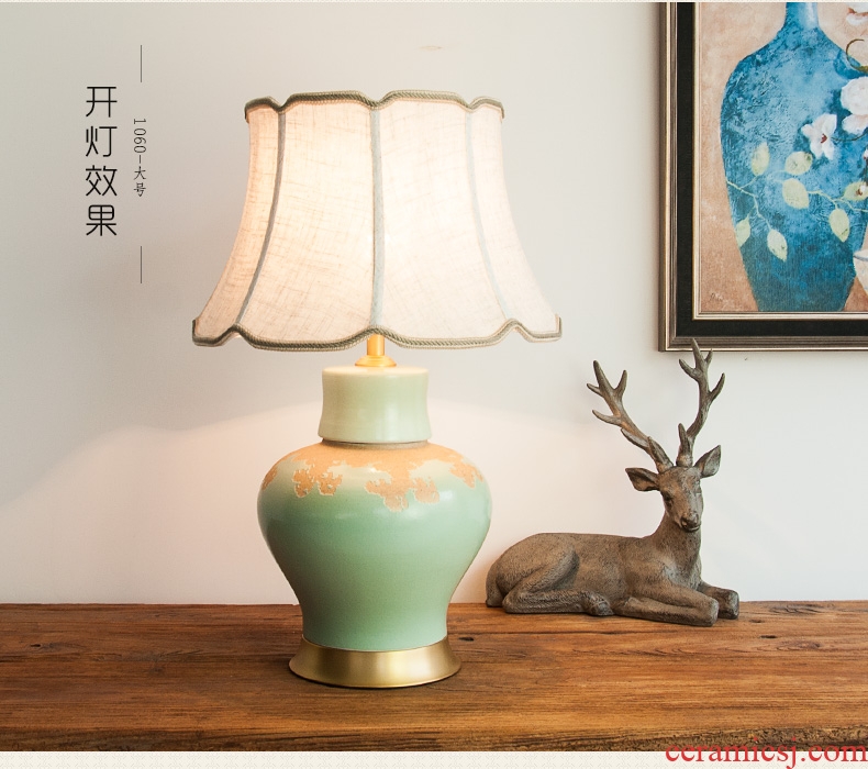 New Chinese style full copper ceramic desk lamp green pot-bellied contemporary sitting room bedroom berth lamp hotel study desk lamp, 1060
