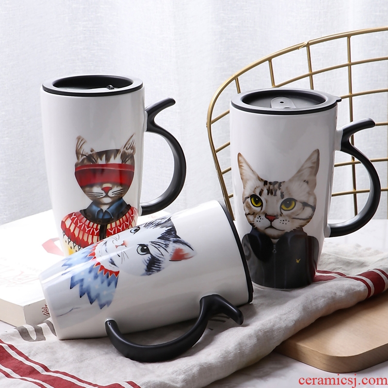 Cat high-capacity ceramic mug with cover lovely creative household contracted office water ink cup