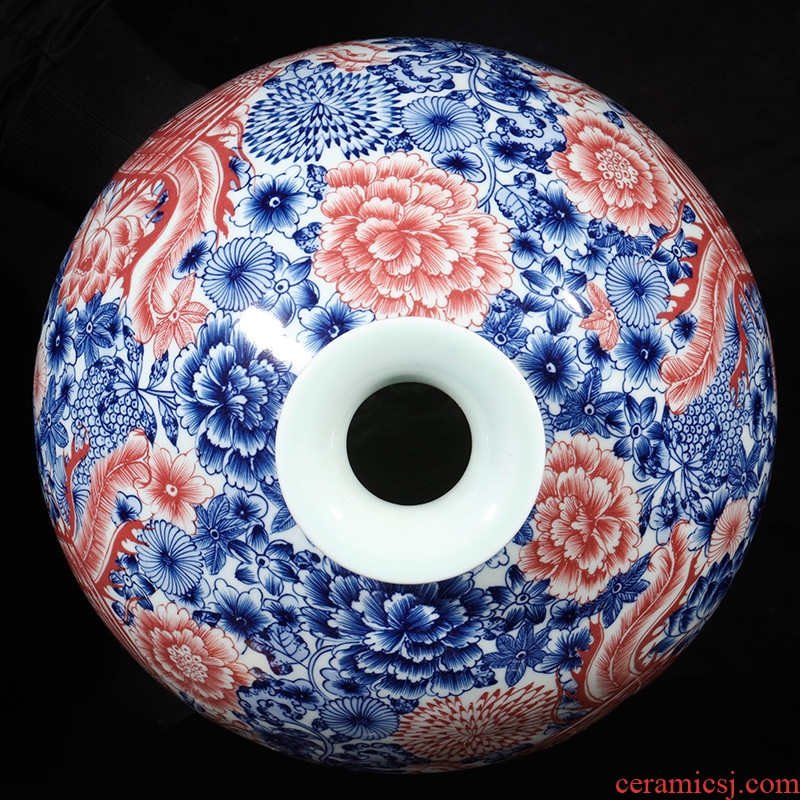 Jingdezhen ceramics imitation qianlong hand-painted blue and white porcelain vase, double phoenix home furnishing articles sitting room