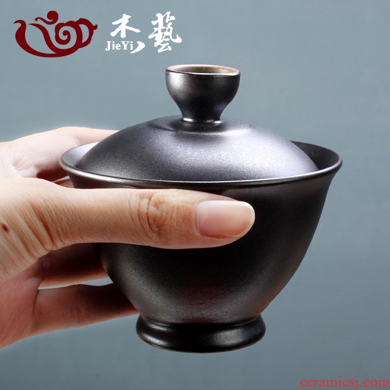 Jie black pottery art tea zen tureen large ceramic bowl is only three bowl of coarse pottery glaze kung fu tea set a finger bowl
