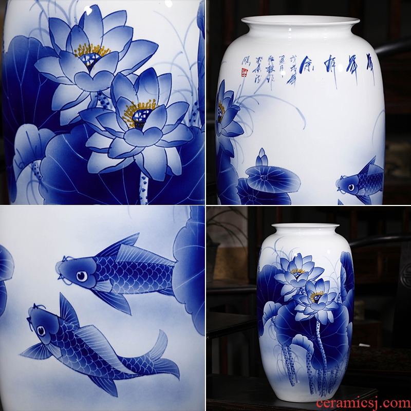 Master of jingdezhen ceramics hand-painted blue and white porcelain vases, flower arrangement large sitting room adornment of new Chinese style furnishing articles