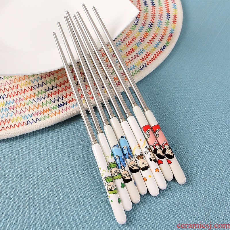 Household ceramic handle parent-child creative family no cute suit portable stainless steel chopsticks tableware